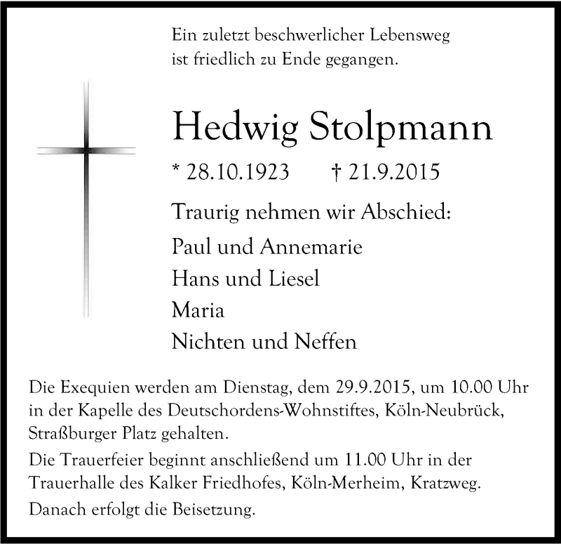  Traueranzeige für Hedwig Stolpmann vom 26.09.2015 aus Kölner Stadt-Anzeiger / Kölnische Rundschau / Express
