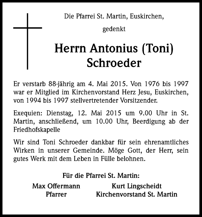  Traueranzeige für Antonius Schroeder vom 09.05.2015 aus Kölner Stadt-Anzeiger / Kölnische Rundschau / Express