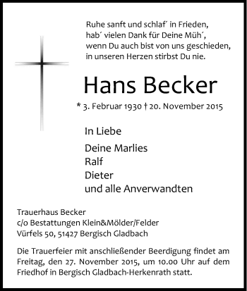 Anzeige von Hans Becker von Kölner Stadt-Anzeiger / Kölnische Rundschau / Express