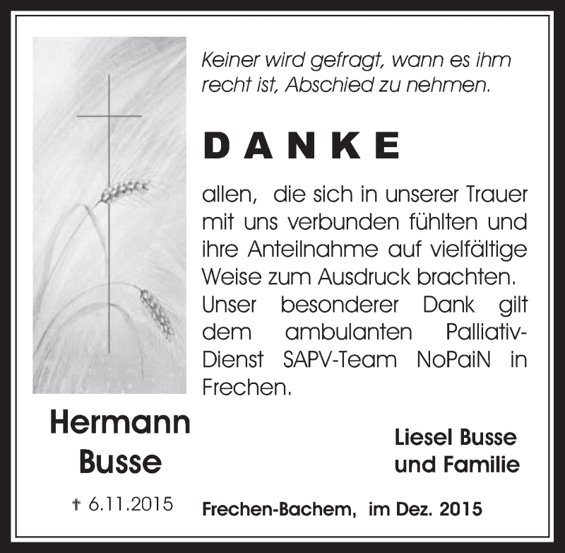  Traueranzeige für Hermann Busse vom 09.12.2015 aus  Wochenende 
