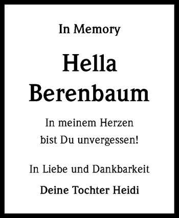Anzeige von Hella Berenbaum von Kölner Stadt-Anzeiger / Kölnische Rundschau / Express