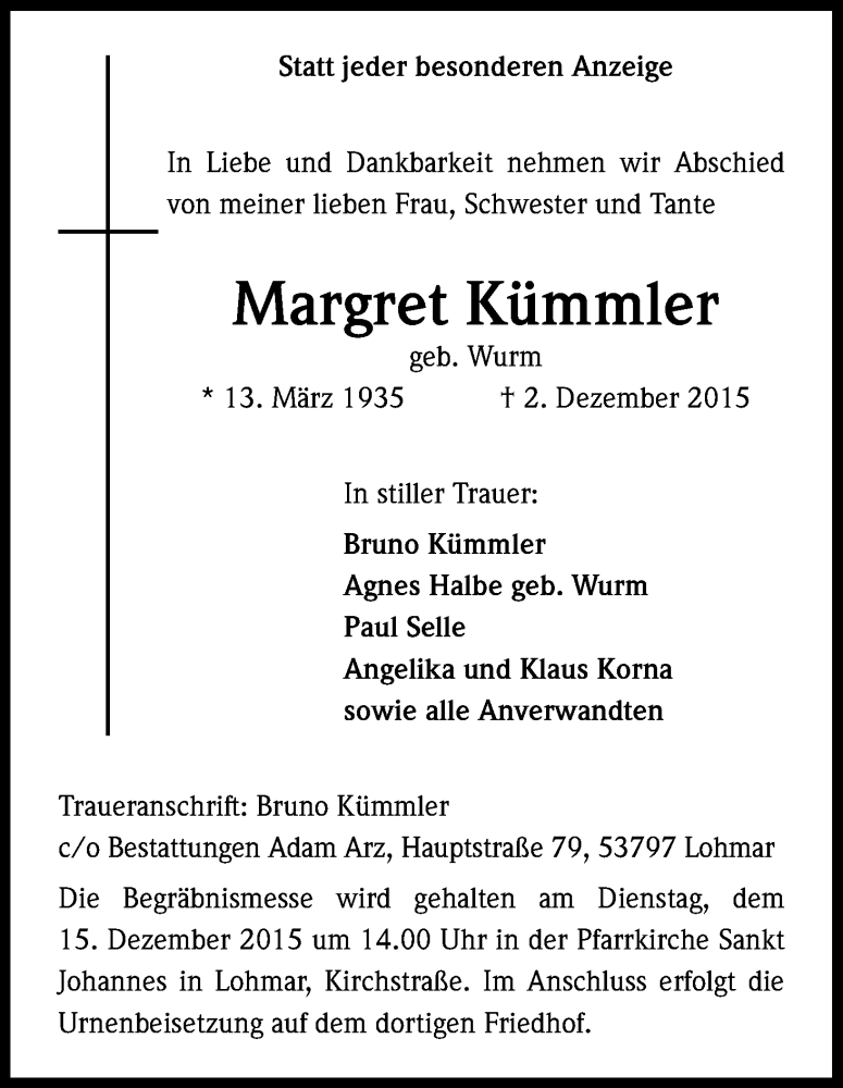  Traueranzeige für Margret Kümmler vom 09.12.2015 aus Kölner Stadt-Anzeiger / Kölnische Rundschau / Express