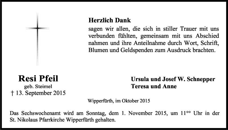  Traueranzeige für Resi Pfeil vom 17.10.2015 aus Kölner Stadt-Anzeiger / Kölnische Rundschau / Express