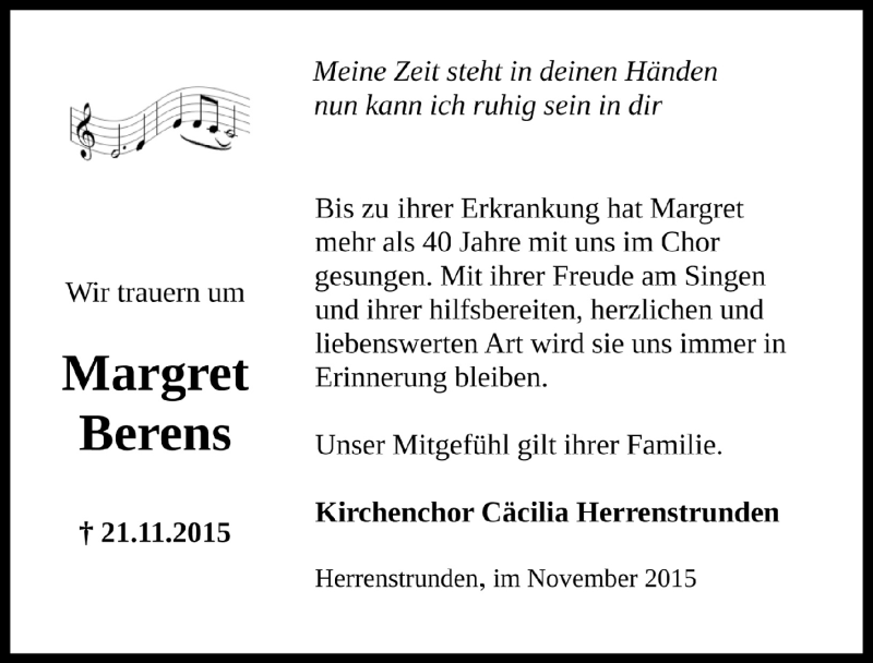  Traueranzeige für Margret Berens vom 09.12.2015 aus  Bergisches Handelsblatt 