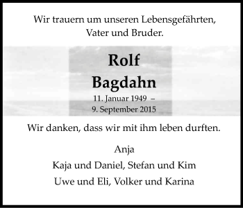 Anzeige von Rolf Bagdahn von Kölner Stadt-Anzeiger / Kölnische Rundschau / Express