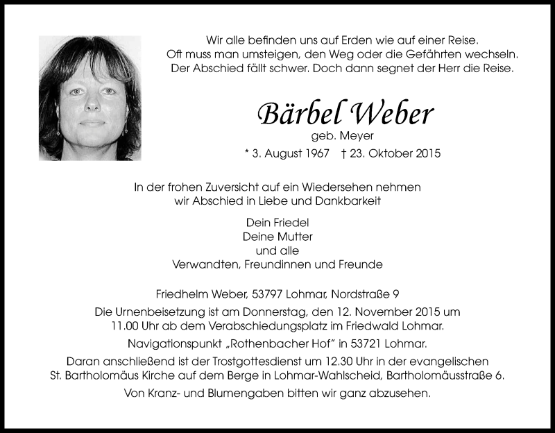  Traueranzeige für Bärbel Weber vom 07.11.2015 aus Kölner Stadt-Anzeiger / Kölnische Rundschau / Express