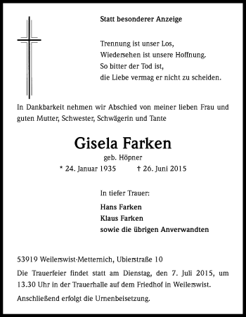 Anzeige von Gisela Farken von Kölner Stadt-Anzeiger / Kölnische Rundschau / Express