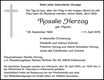 Anzeige von Rosalie Herzog von Kölner Stadt-Anzeiger / Kölnische Rundschau / Express