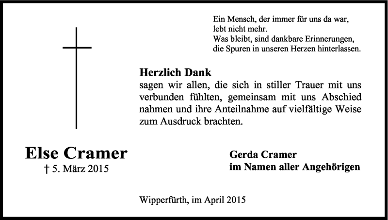  Traueranzeige für Else Cramer vom 11.04.2015 aus Kölner Stadt-Anzeiger / Kölnische Rundschau / Express