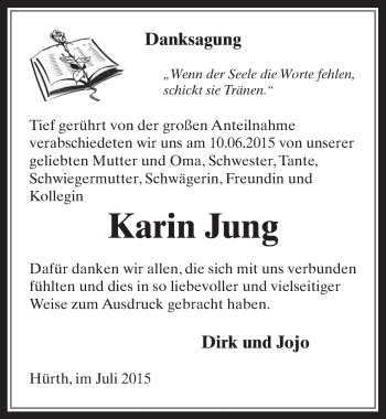 Anzeige von Karin Jung von  Wochenende 