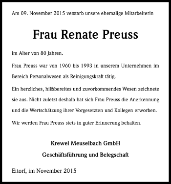 Anzeige von Renate Preuss von Kölner Stadt-Anzeiger / Kölnische Rundschau / Express