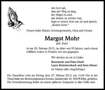Anzeige von Margot Mohr von Kölner Stadt-Anzeiger / Kölnische Rundschau / Express