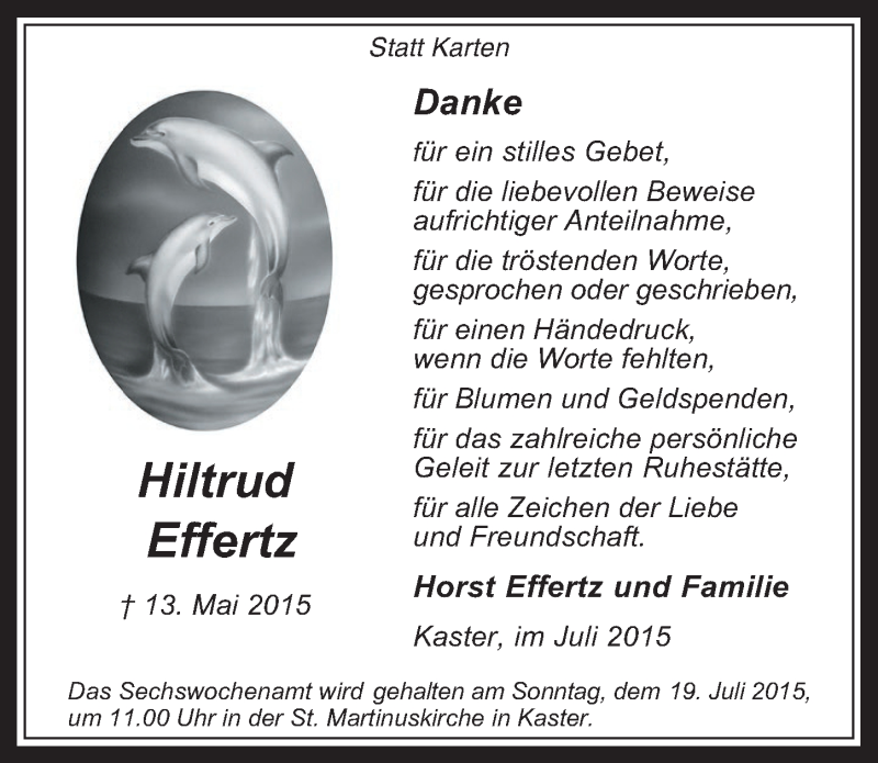  Traueranzeige für Hiltrud Effertz vom 15.07.2015 aus  Werbepost 