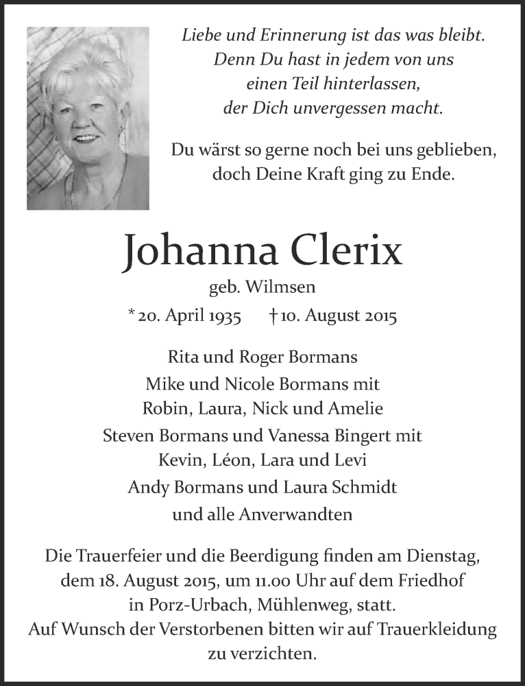  Traueranzeige für Johanna Clerix vom 15.08.2015 aus 