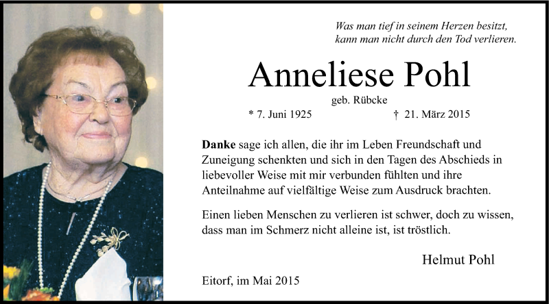  Traueranzeige für Anneliese Pohl vom 16.05.2015 aus Kölner Stadt-Anzeiger / Kölnische Rundschau / Express