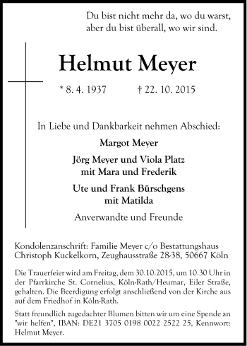 Anzeige von Helmut Meyer von Kölner Stadt-Anzeiger / Kölnische Rundschau / Express