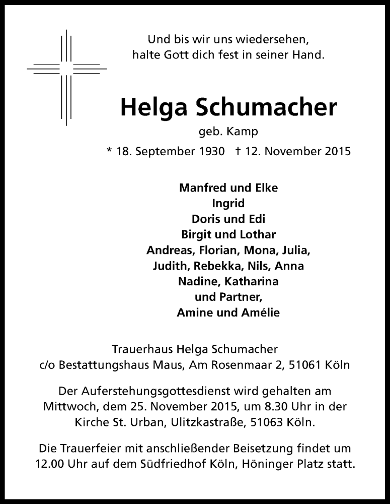  Traueranzeige für Helga Schumacher vom 21.11.2015 aus Kölner Stadt-Anzeiger / Kölnische Rundschau / Express