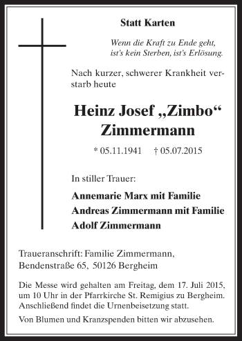 Anzeige von Heinz Josef Zimmermann von  Werbepost 