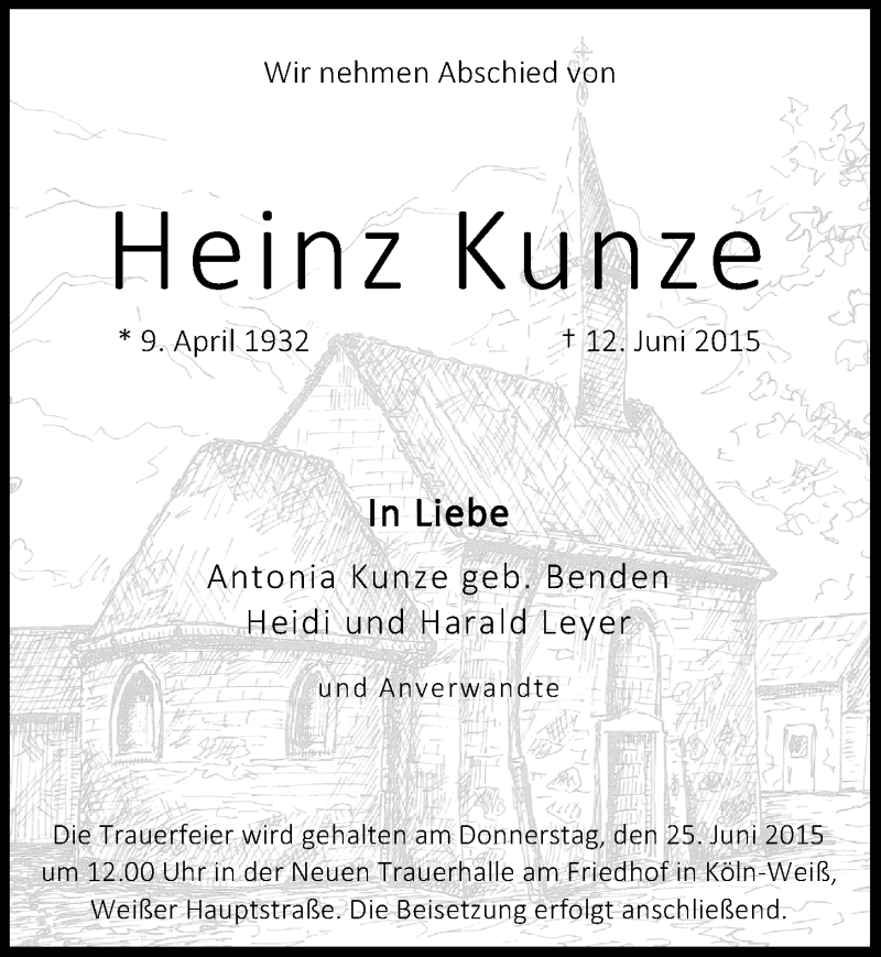  Traueranzeige für Heinz Kunze vom 17.06.2015 aus  Kölner Wochenspiegel 