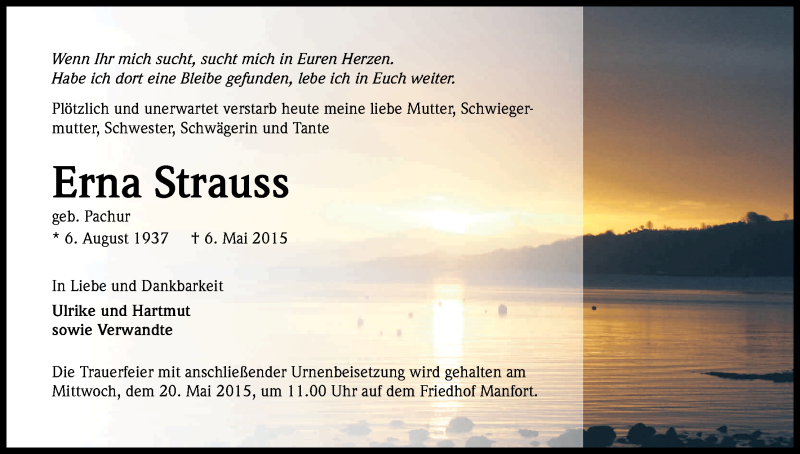  Traueranzeige für Erna Strauss vom 16.05.2015 aus Kölner Stadt-Anzeiger / Kölnische Rundschau / Express