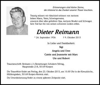 Anzeige von Dieter Reimann von Kölner Stadt-Anzeiger / Kölnische Rundschau / Express