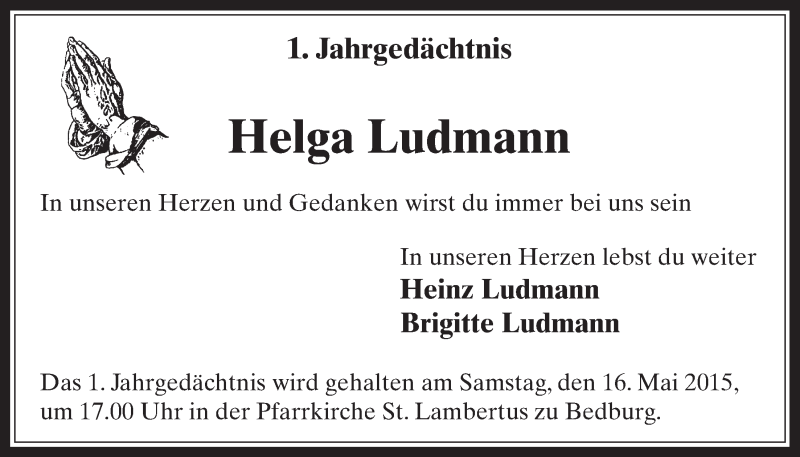  Traueranzeige für Helga Ludmann vom 06.05.2015 aus  Werbepost 