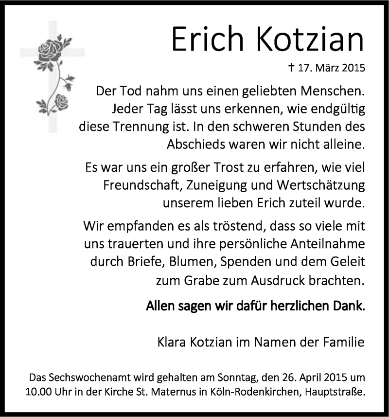  Traueranzeige für Erich Kotzian vom 18.04.2015 aus Kölner Stadt-Anzeiger / Kölnische Rundschau / Express