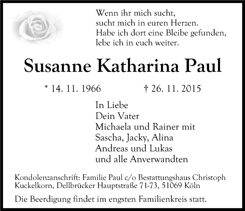  Traueranzeige für Susanne Katharina Paul vom 30.11.2015 aus Kölner Stadt-Anzeiger / Kölnische Rundschau / Express