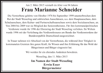 Anzeige von Marianne Schneider von  Schlossbote/Werbekurier 