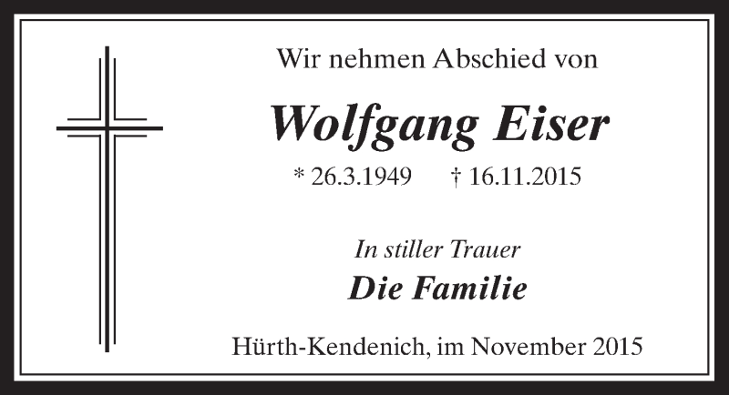  Traueranzeige für Wolfgang Eiser vom 25.11.2015 aus  Wochenende 