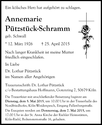 Anzeige von Annemarie Pützstück-Schramm von Kölner Stadt-Anzeiger / Kölnische Rundschau / Express