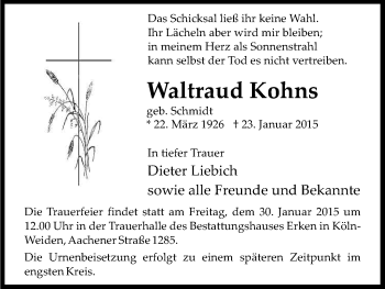 Anzeige von Waltraud Kohns von Kölner Stadt-Anzeiger / Kölnische Rundschau / Express