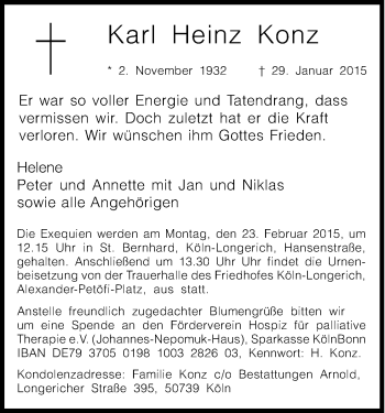 Anzeige von Karl Heinz Konz von Kölner Stadt-Anzeiger / Kölnische Rundschau / Express