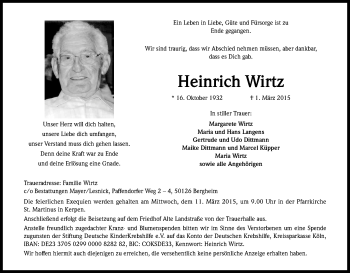Anzeige von Heinrich Wirtz von Kölner Stadt-Anzeiger / Kölnische Rundschau / Express