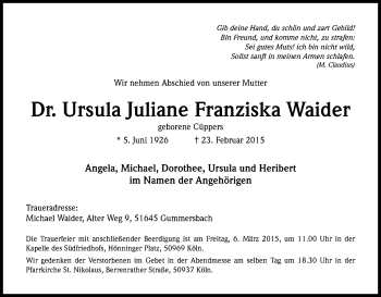 Anzeige von Ursula Juliane Franziska Waider von Kölner Stadt-Anzeiger / Kölnische Rundschau / Express