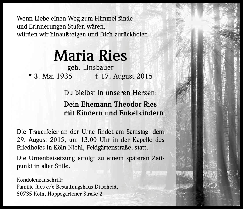  Traueranzeige für Maria Ries vom 22.08.2015 aus Kölner Stadt-Anzeiger / Kölnische Rundschau / Express