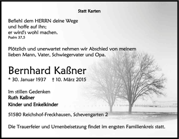 Anzeige von Bernhard Kaßner von Kölner Stadt-Anzeiger / Kölnische Rundschau / Express