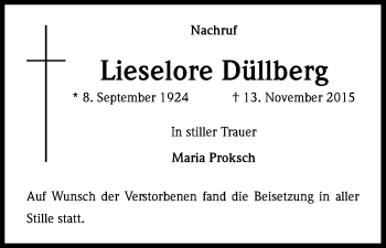 Anzeige von Lieselore Düllberg von Kölner Stadt-Anzeiger / Kölnische Rundschau / Express