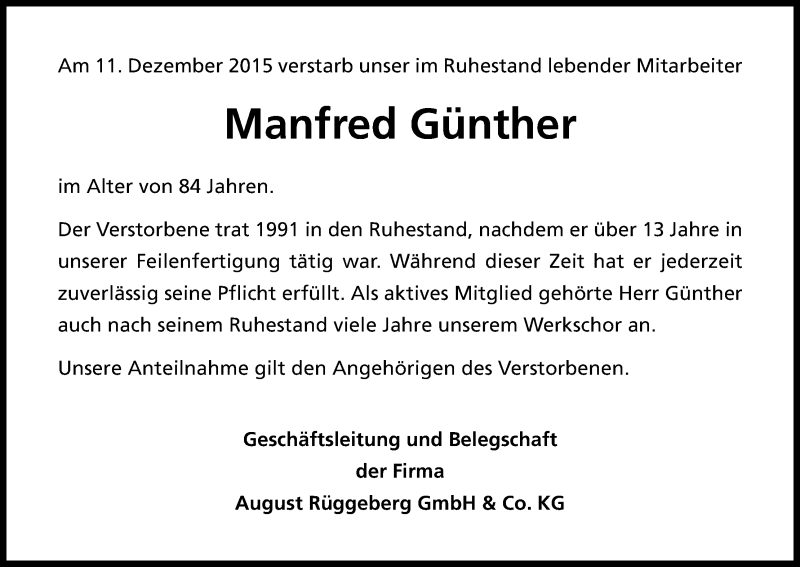  Traueranzeige für Manfred Günther vom 18.12.2015 aus Kölner Stadt-Anzeiger / Kölnische Rundschau / Express