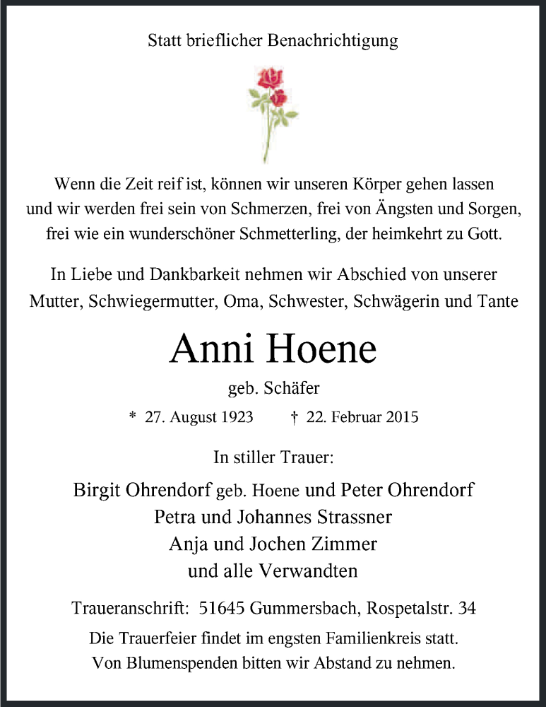  Traueranzeige für Anni Hoene vom 26.02.2015 aus Kölner Stadt-Anzeiger / Kölnische Rundschau / Express