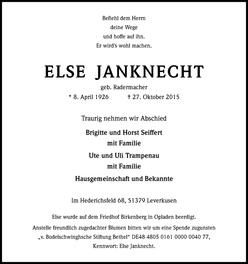  Traueranzeige für Else Janknecht vom 04.11.2015 aus Kölner Stadt-Anzeiger / Kölnische Rundschau / Express