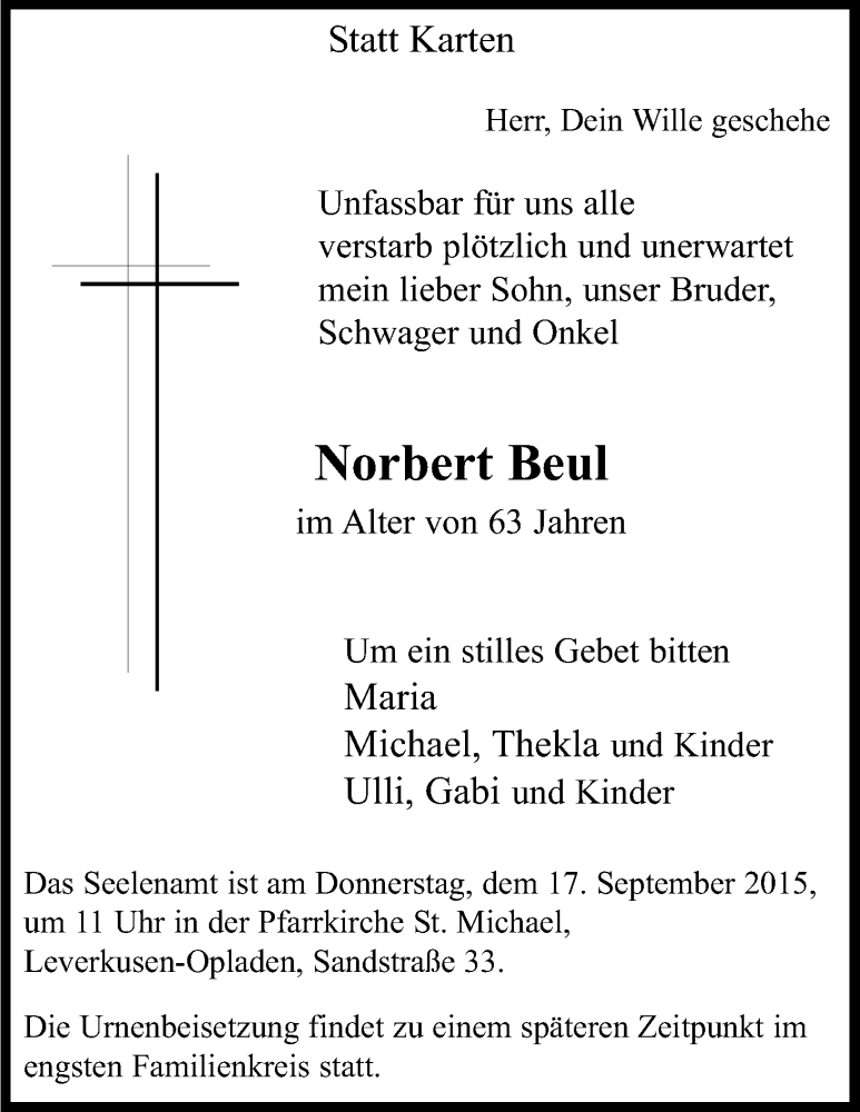  Traueranzeige für Norbert Beul vom 16.09.2015 aus Kölner Stadt-Anzeiger / Kölnische Rundschau / Express