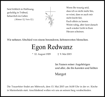 Anzeige von Egon Redwanz von Kölner Stadt-Anzeiger / Kölnische Rundschau / Express