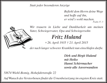 Anzeige von Fritz Huland von  Anzeigen Echo 