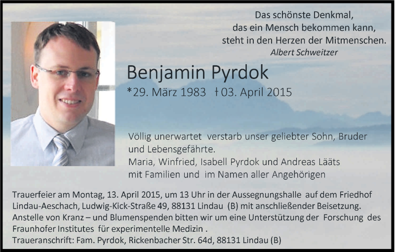  Traueranzeige für Benjamin Pyrdok vom 09.04.2015 aus Kölner Stadt-Anzeiger / Kölnische Rundschau / Express