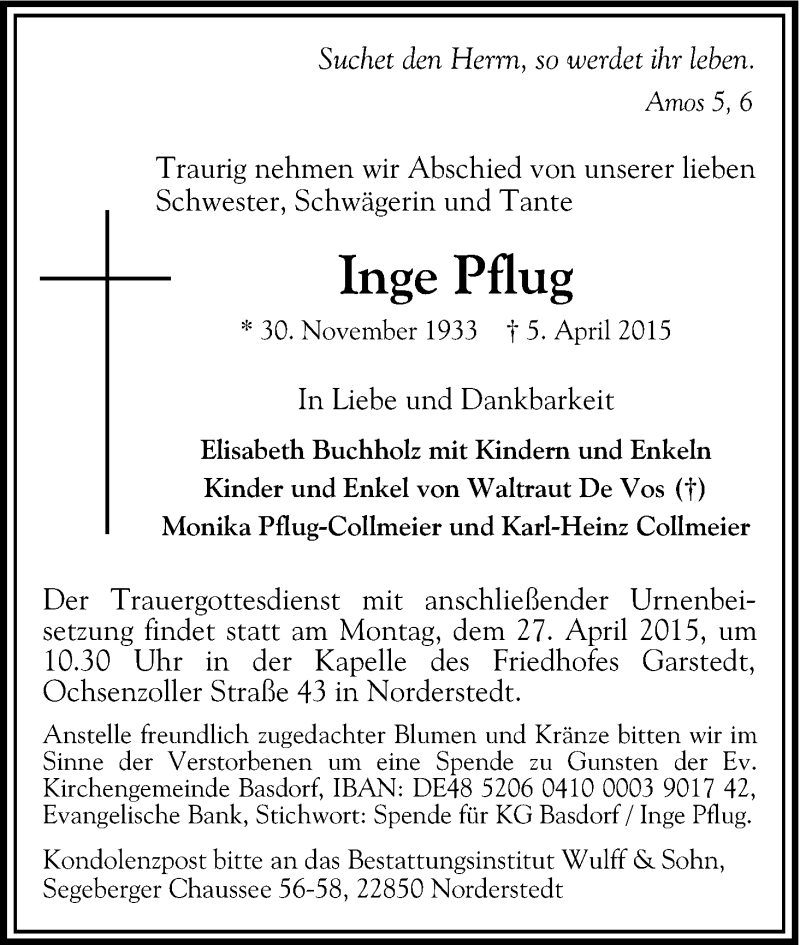 Traueranzeige für Inge Pflug vom 18.04.2015 aus Kölner Stadt-Anzeiger / Kölnische Rundschau / Express