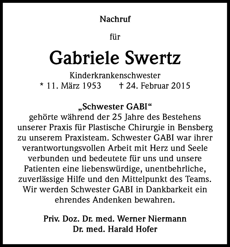  Traueranzeige für Gabriele Swertz vom 03.03.2015 aus Kölner Stadt-Anzeiger / Kölnische Rundschau / Express
