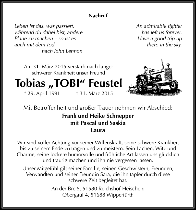  Traueranzeige für Tobias Feustel vom 25.04.2015 aus Kölner Stadt-Anzeiger / Kölnische Rundschau / Express