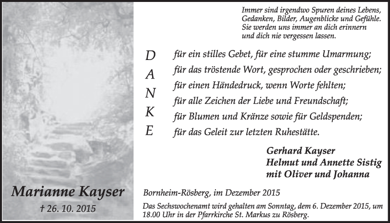  Traueranzeige für Marianne Kayser vom 02.12.2015 aus  Schlossbote/Werbekurier 