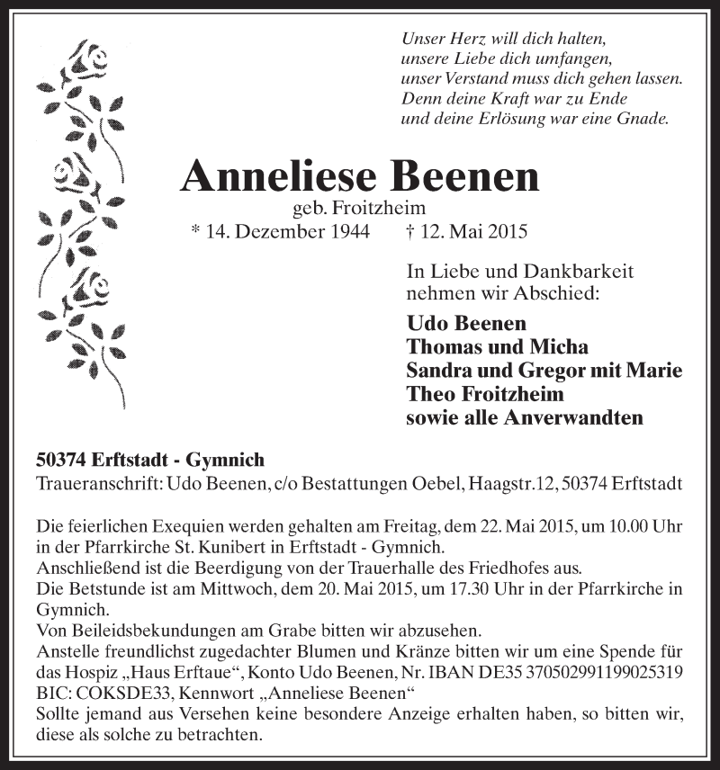  Traueranzeige für Anneliese Beenen vom 20.05.2015 aus  Werbepost 